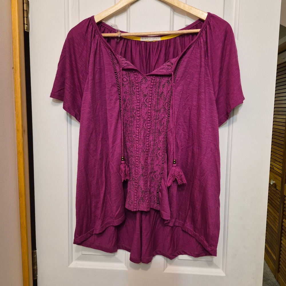 Hint of Mint Purple Lace Front Peasant Top 2X Plus Size Short Sleeve Tassel Boho